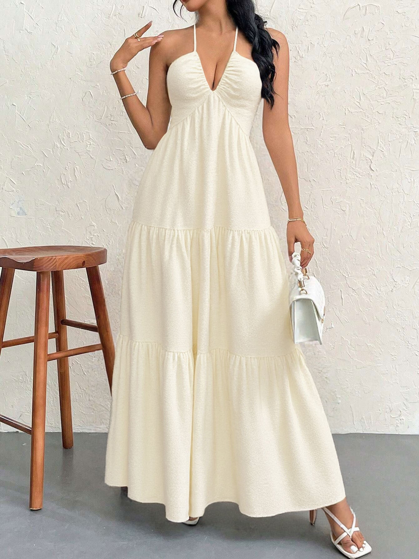 Apricot XL Size Women's Elegant Halter Maxi Dress Summer Backless V-Neck Sleeveless Long Beach Resort Gown