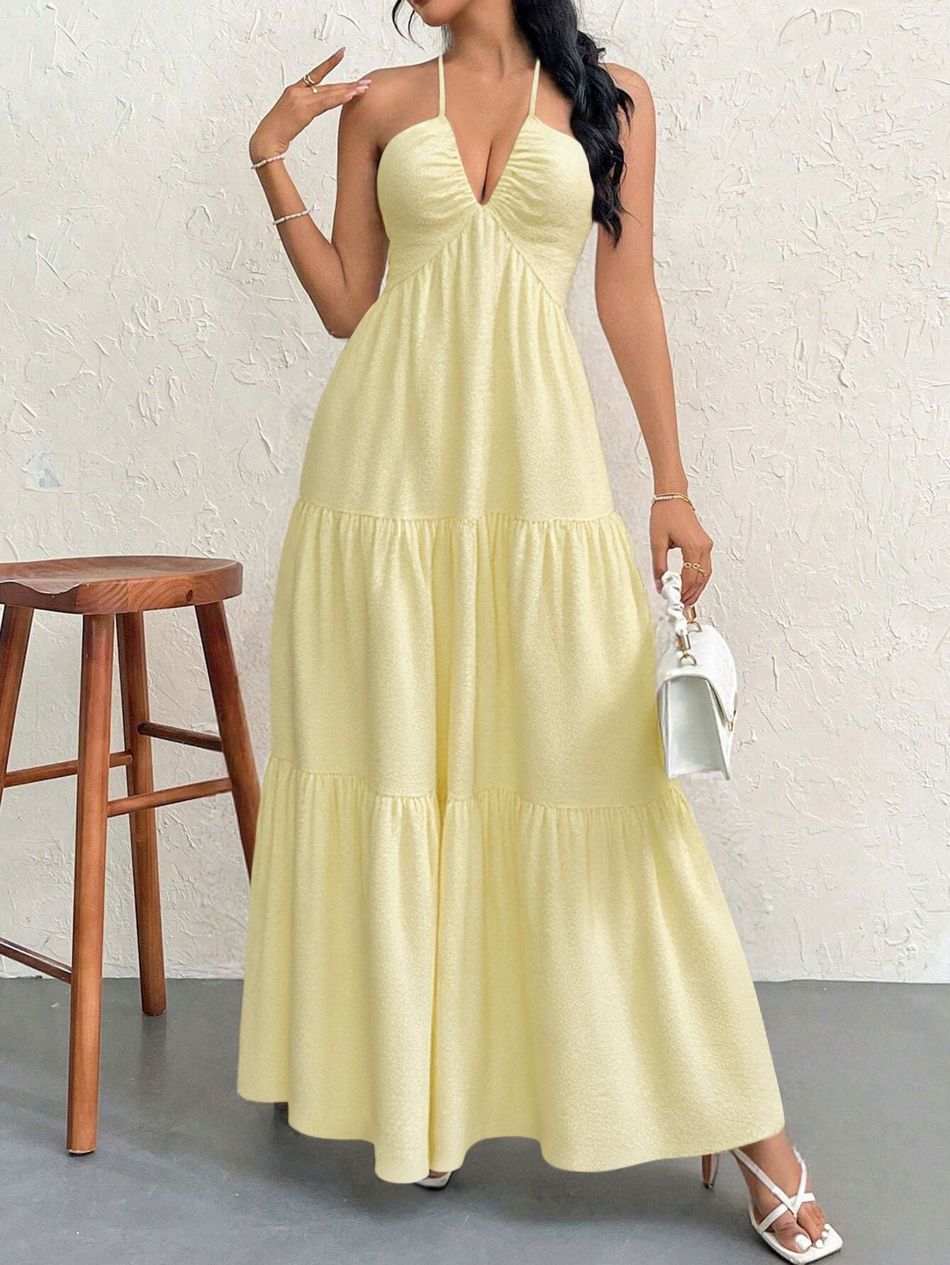 Apricot M Size Women's Elegant Halter Maxi Dress Summer Backless V-Neck Sleeveless Long Beach Resort Gown