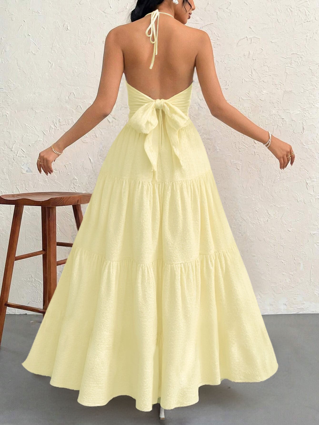 Apricot L Size Women's Elegant Halter Maxi Dress Summer Backless V-Neck Sleeveless Long Beach Resort Gown