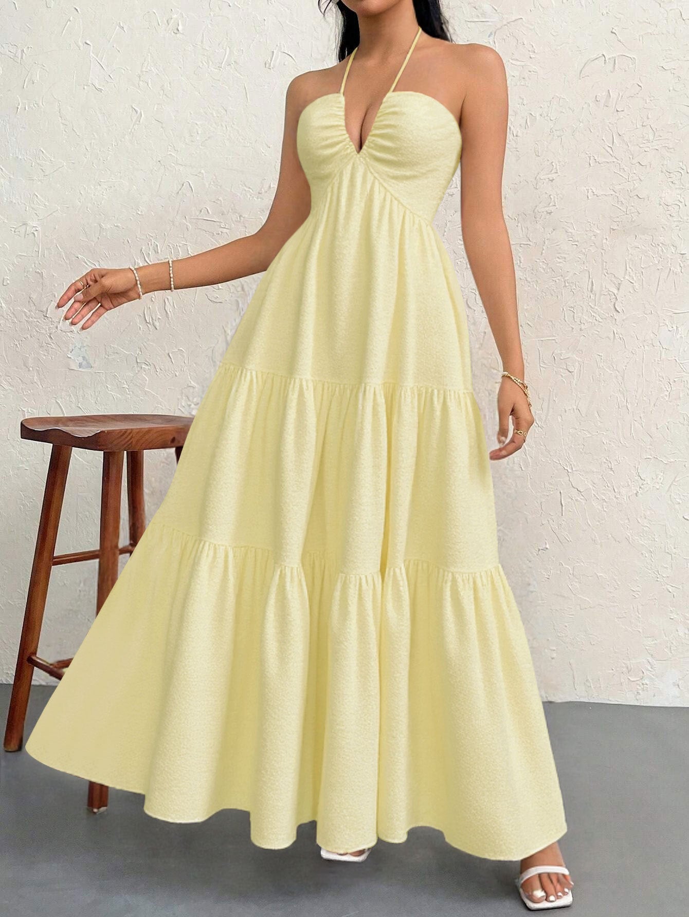 Apricot L Size Women's Elegant Halter Maxi Dress Summer Backless V-Neck Sleeveless Long Beach Resort Gown