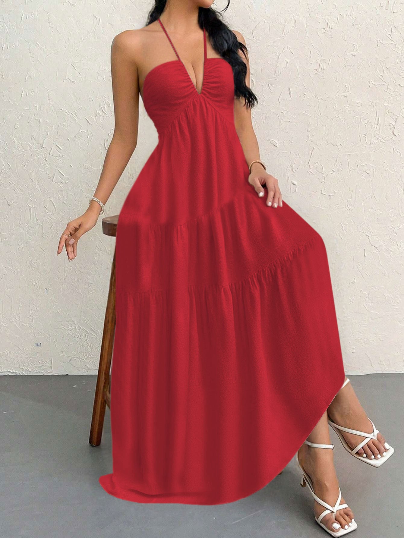 Red M Size Women's Elegant Halter Maxi Dress Summer Backless V-Neck Sleeveless Long Beach Resort Gown