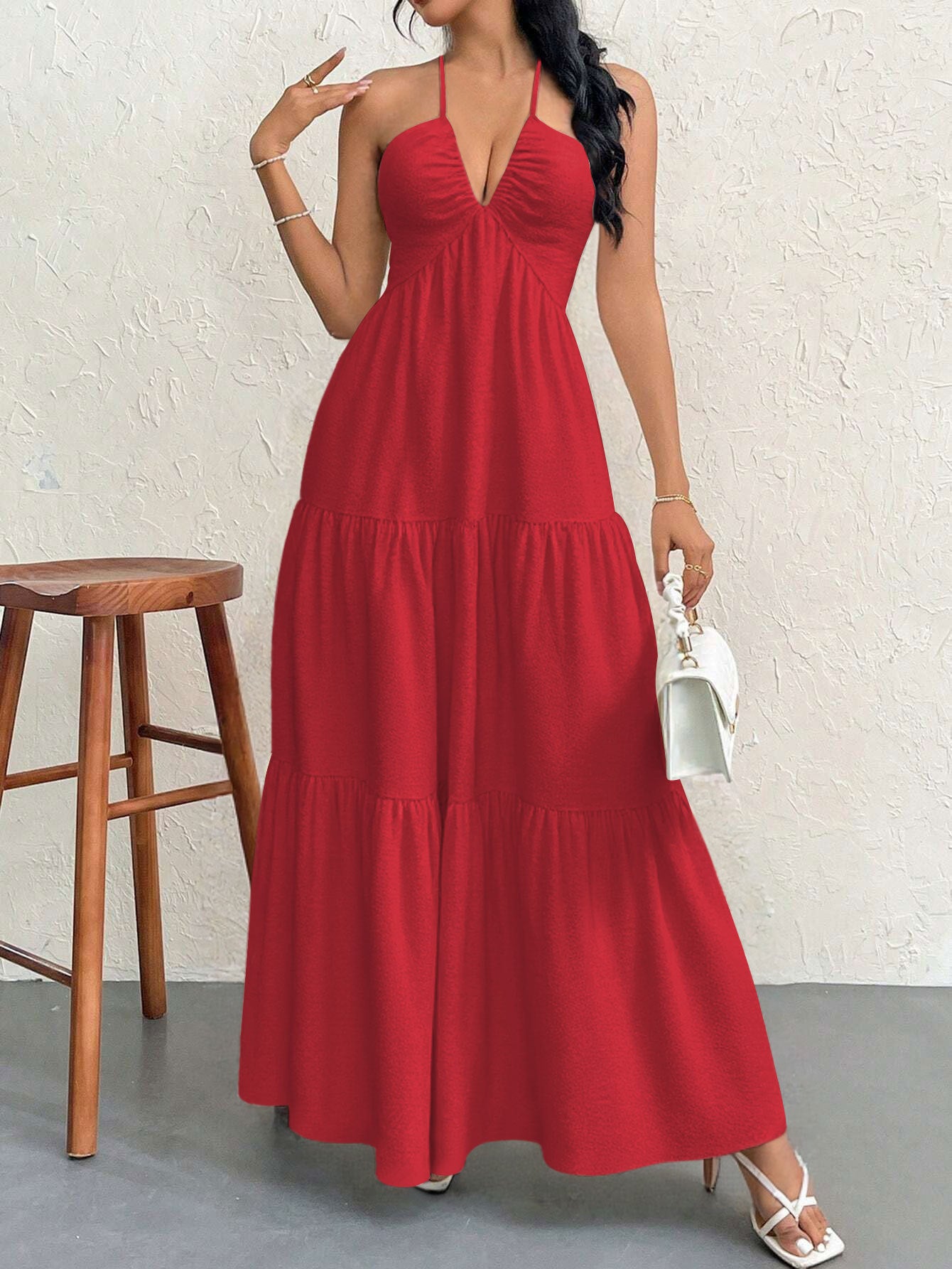 Red L Size Women's Elegant Halter Maxi Dress Summer Backless V-Neck Sleeveless Long Beach Resort Gown