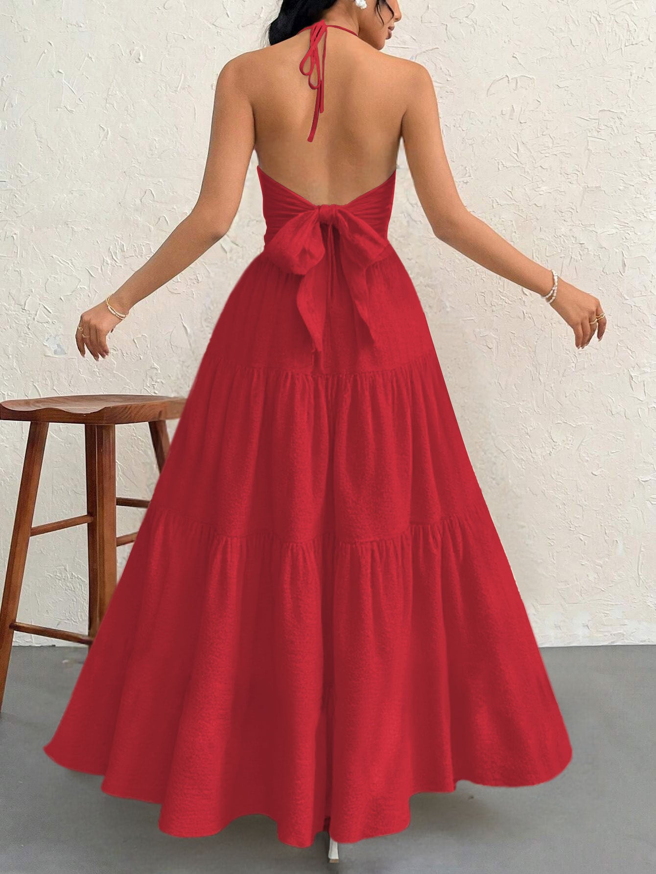 Redt XL Size Women's Elegant Halter Maxi Dress Summer Backless V-Neck Sleeveless Long Beach Resort Gown