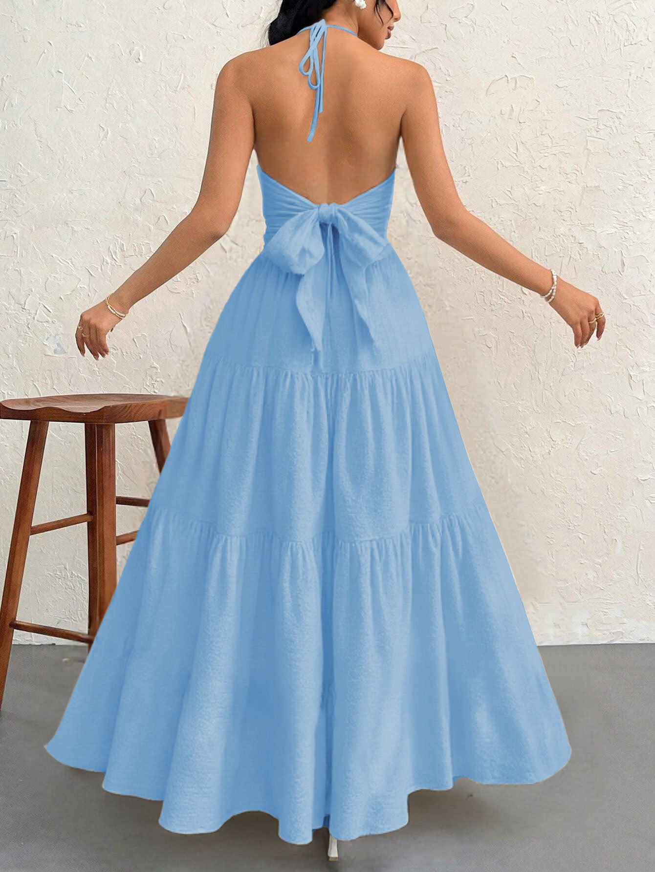 Blue S Size Women's Elegant Halter Maxi Dress Summer Backless V-Neck Sleeveless Long Beach Resort Gown
