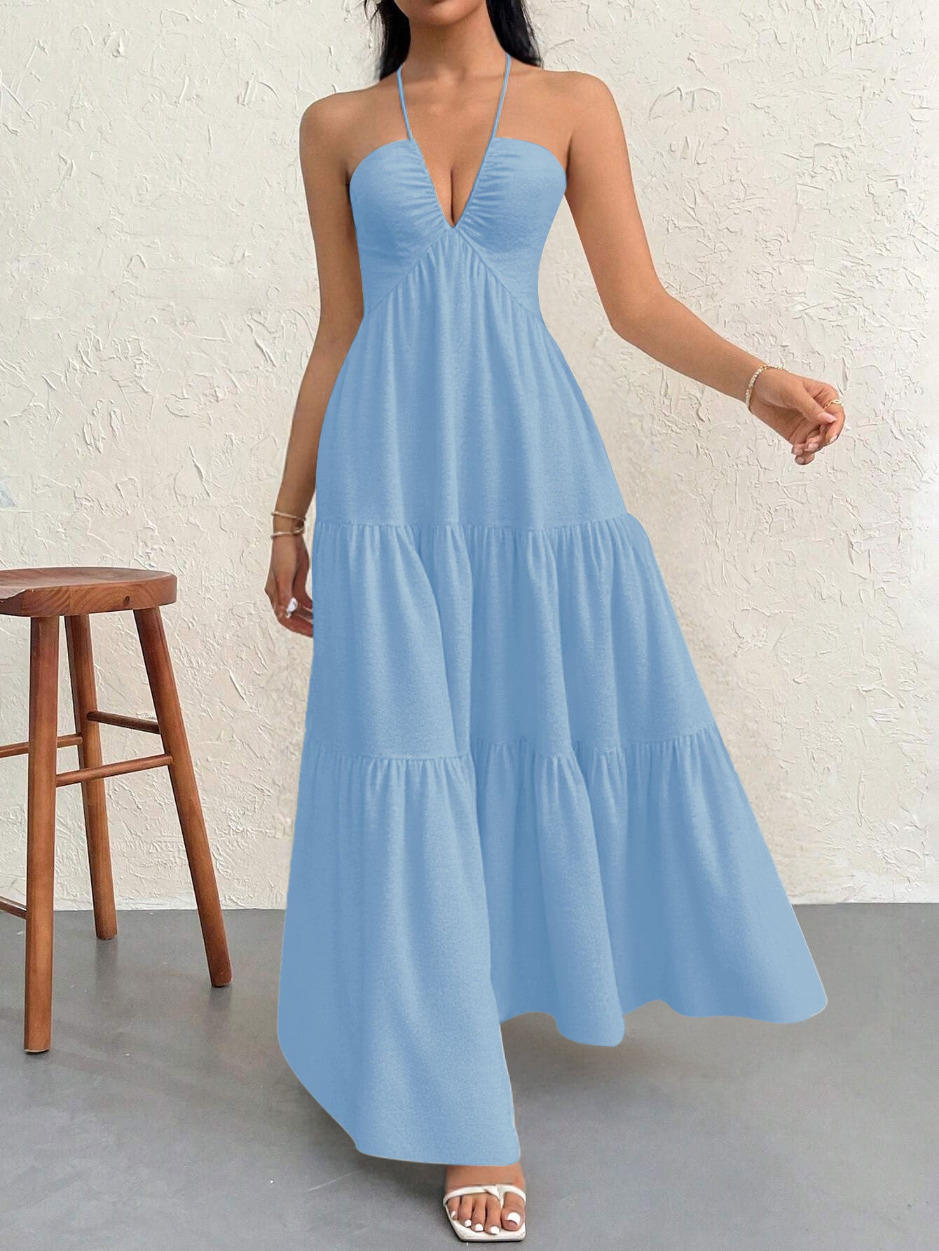 Blue M Size Women's Elegant Halter Maxi Dress Summer Backless V-Neck Sleeveless Long Beach Resort Gown