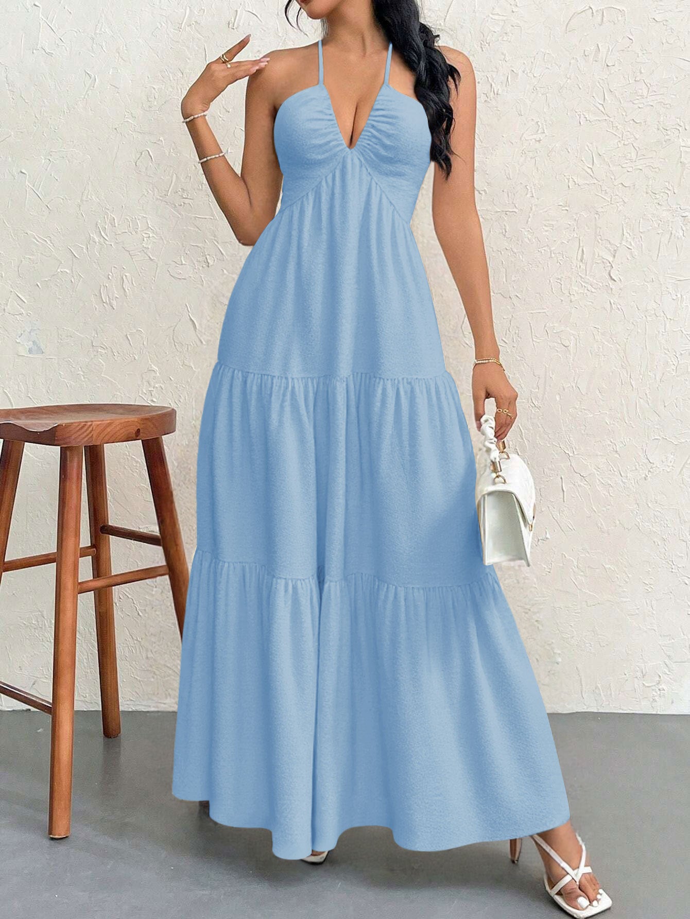Blue L Size Women's Elegant Halter Maxi Dress Summer Backless V-Neck Sleeveless Long Beach Resort Gown