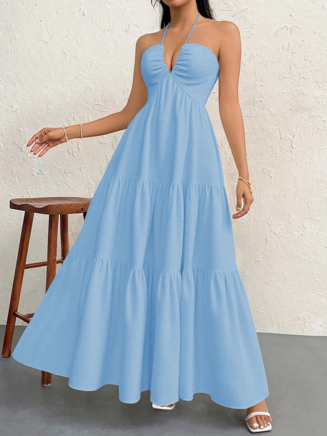 Blue XL Size Women's Elegant Halter Maxi Dress Summer Backless V-Neck Sleeveless Long Beach Resort Gown