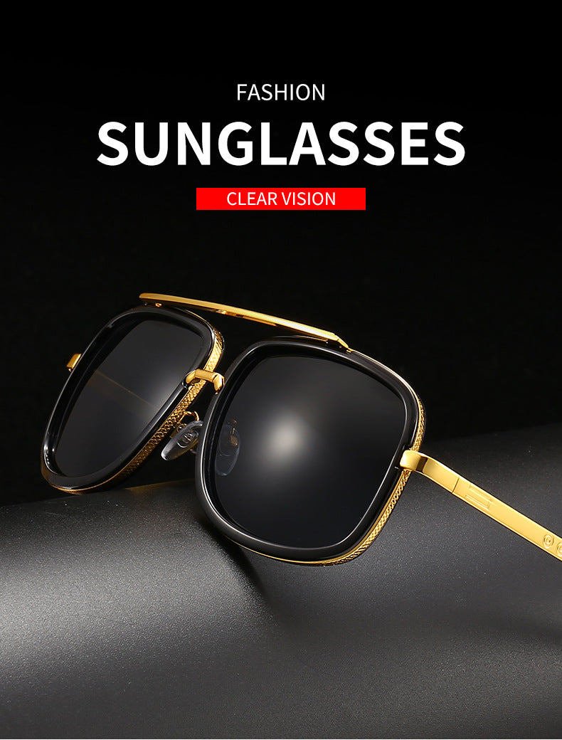 Men's Retro Oversized Square Sunglasses Vintage Thick Frame Gold Flat Top Aviator Style Shades UV400 Blue