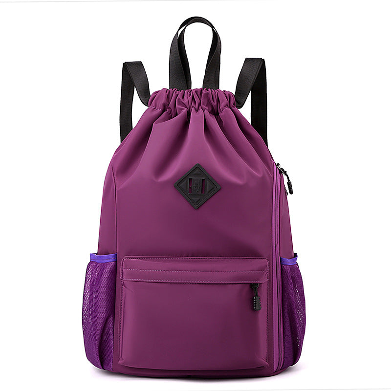 Large Drawstring Backpack Waterproof Gym Bag Lightweight Sports Sackpack with Zipper Pockets for Travel and Swimming Purple