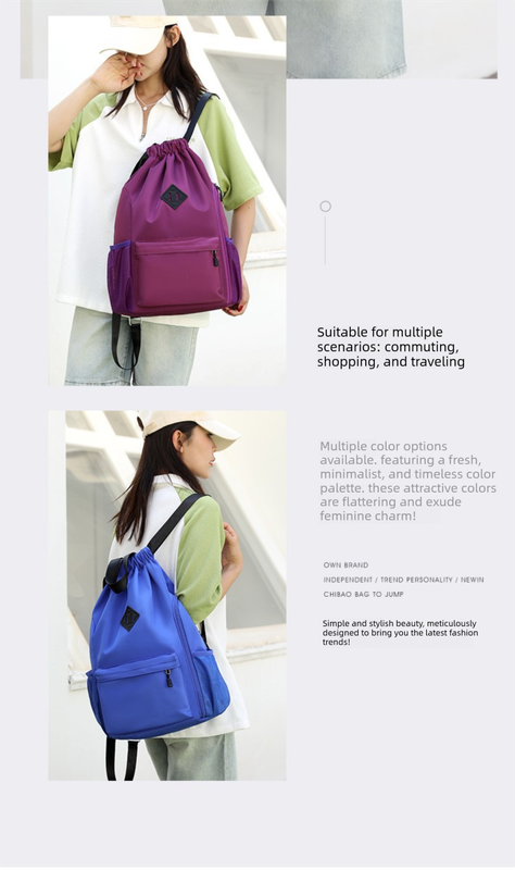 Large Drawstring Backpack Waterproof Gym Bag Lightweight Sports Sackpack with Zipper Pockets for Travel and Swimming Purple