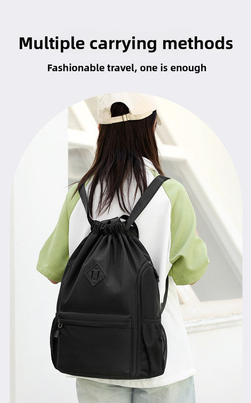 Large Drawstring Backpack Waterproof Gym Bag Lightweight Sports Sackpack with Zipper Pockets for Travel and Swimming navy blue