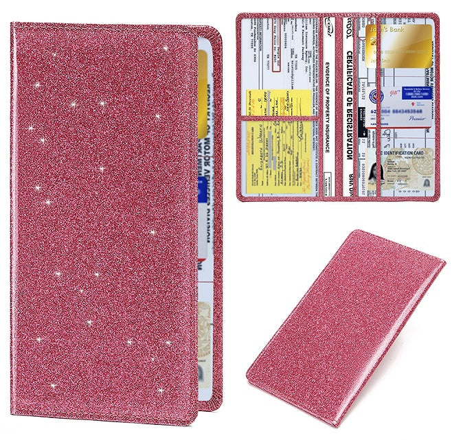 Car Registration and Insurance Holder Rose Red Glitter - Bling Vehicle Document Wallet - Slim Glove Box Organiser for Rego Papers, Logbook & ID Cards - Sparkle Pink PU Leather