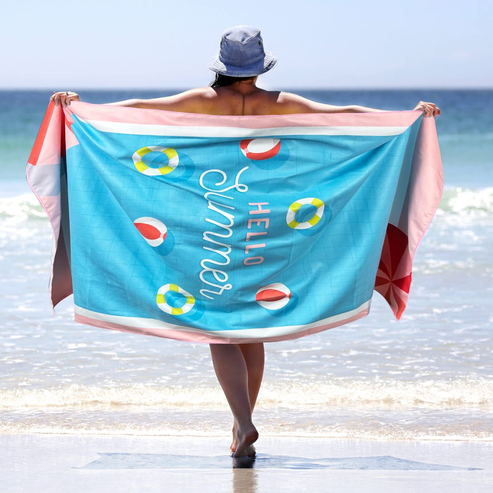 Sand Free Microfibre Beach Towel - Pink Flamingo "Summer" Print Quick Dry Travel Towel 70x150cm(240GSM) - Lightweight Absorbent Bath Sheet for Pool & Holiday