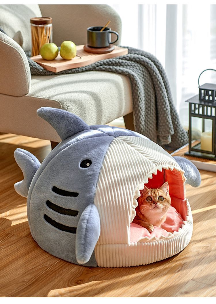 Novelty Shark Pet Cave Bed Enclosed Cozy Sleeping Nest for Cats and Small Dogs Soft Flannel Year Round Comfort Light Blue S Size