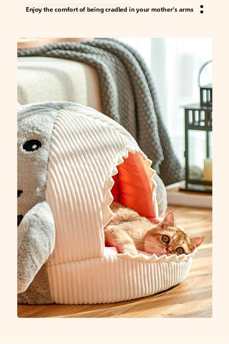 Novelty Shark Pet Cave Bed Enclosed Cozy Sleeping Nest for Cats and Small Dogs Soft Flannel Year Round Comfort Light Blue S Size