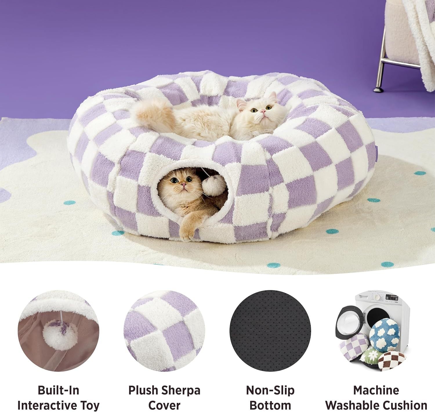 2-in-1 Cat Tunnel Bed Green Daisy 80cm - Plush Donut Pet Cave & Play Tube - Detachable Washable Cushion & Interactive Hanging Toy for Indoor Cats