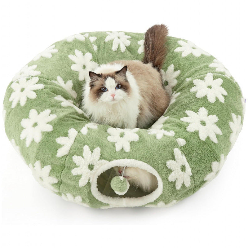 2-in-1 Cat Tunnel Bed Coffee Brown Daisy 80cm - Plush Donut Pet Cave & Play Tube - Detachable Washable Cushion & Interactive Hanging Toy for Indoor Cats