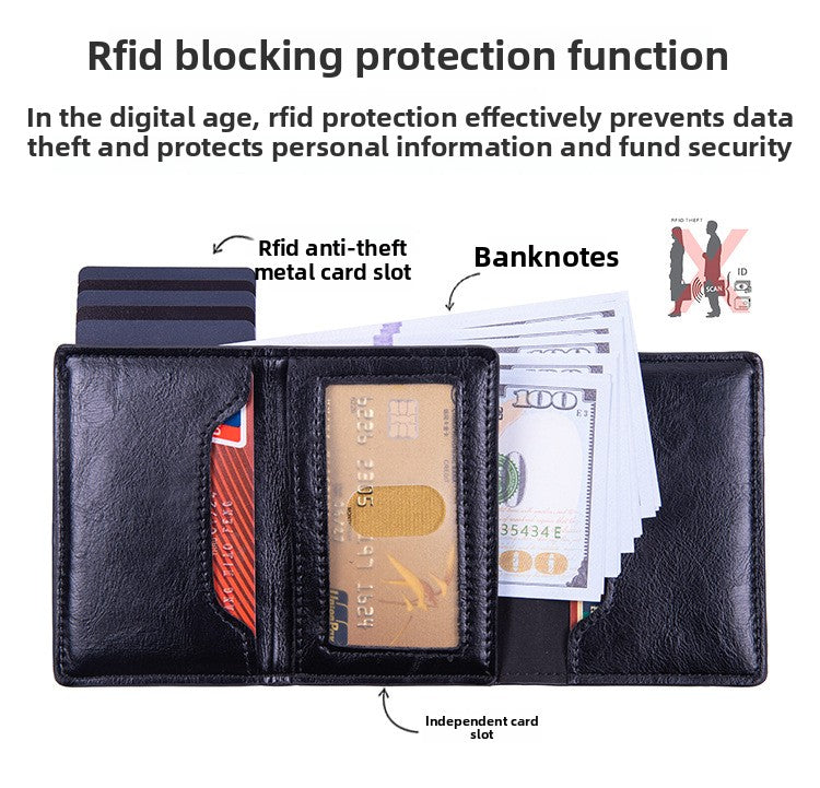 RFID Blocking Pop-Up Card Wallet with AirTag Holder - Automatic Slider Aluminium Smart Case with Cash Slot - Slim Minimalist Blue Leather Design (AirTag Not Included)