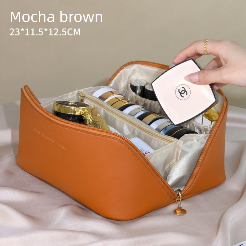 Large Capacity Travel Cosmetic Bag Portable PU Leather Pillow Pouch Waterproof Make Up Organiser Toiletry Case with Handle Mocha Brown