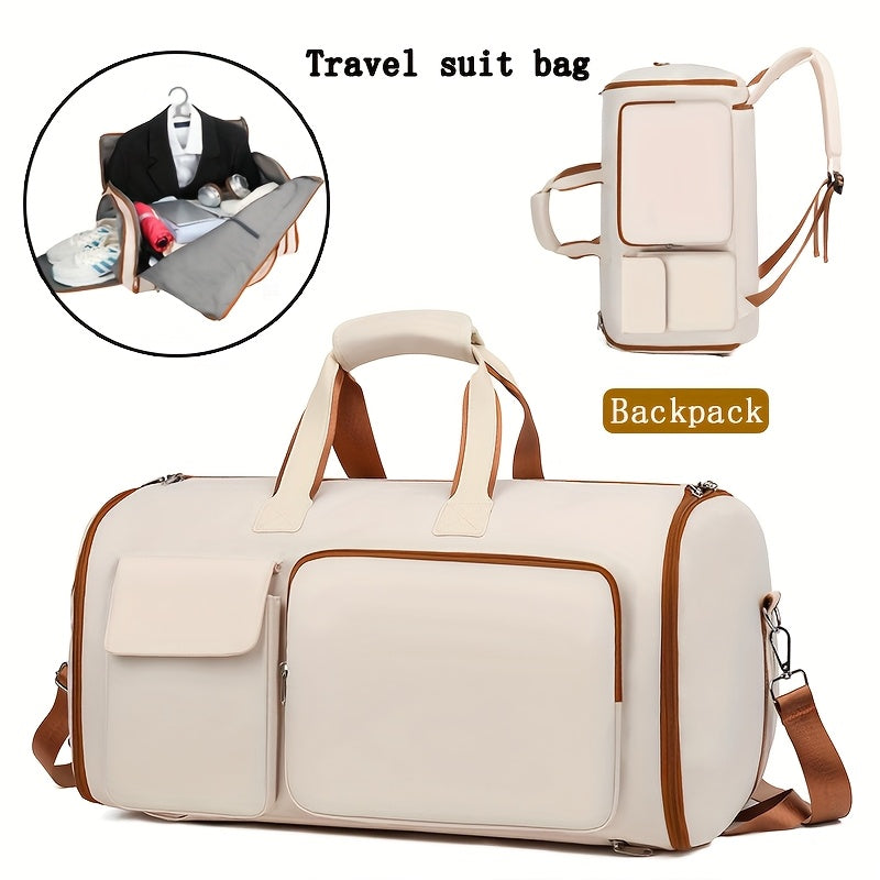 Convertible Travel Garment Bag Large Duffel Suit Carrier with Shoe Compartment & Hidden Backpack Straps Waterproof  Beige White
