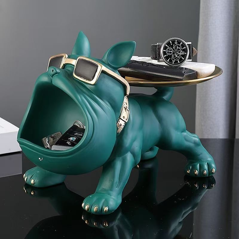 Cool French Bulldog Statue Storage Tray Black Resin Dog Figurine Key Bowl and Candy Organiser with Open Mouth Design for Entryway Table Home Decor