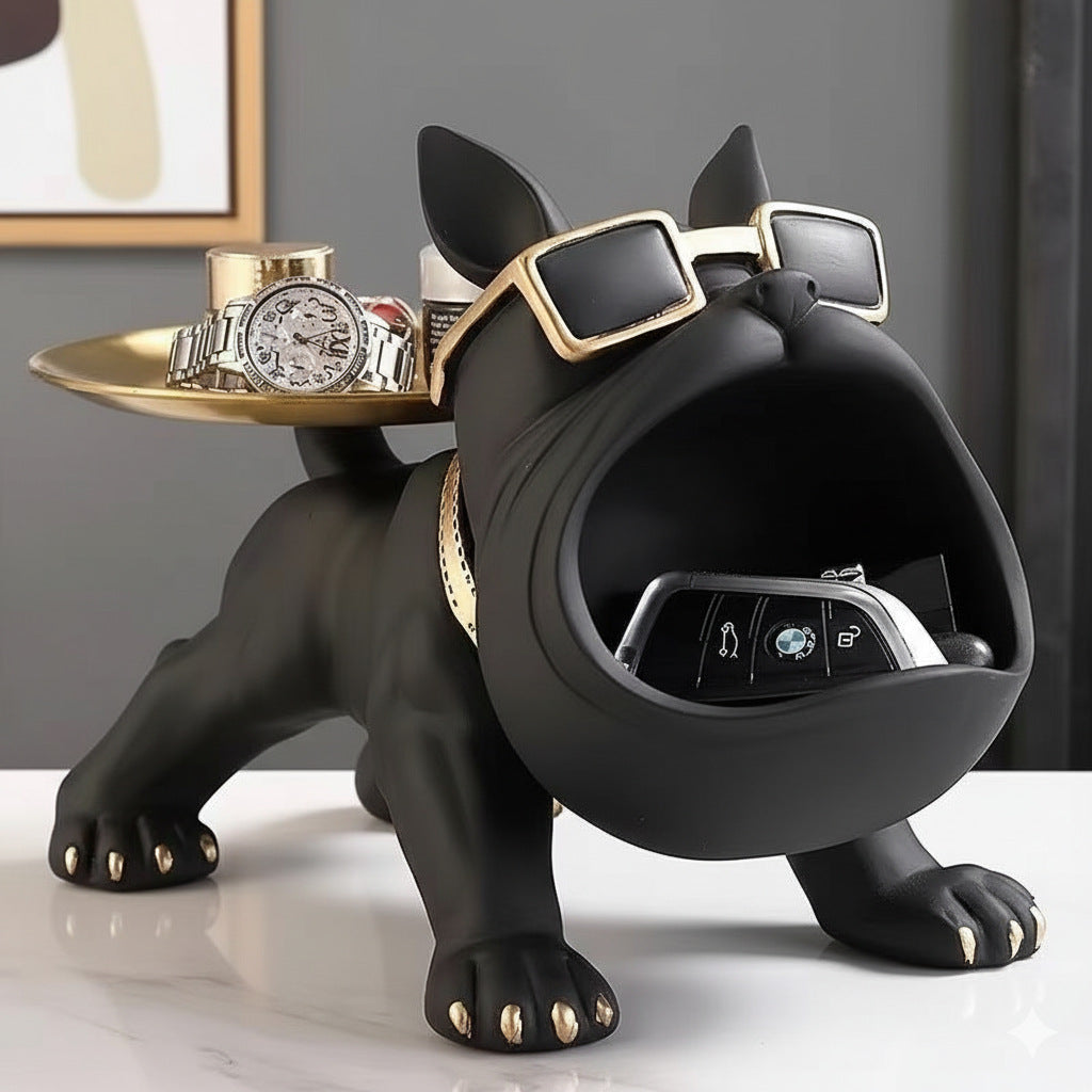 Cool French Bulldog Statue Storage Tray Grey Resin Dog Figurine Key Bowl and Candy Organiser with Open Mouth Design for Entryway Table Home Decor