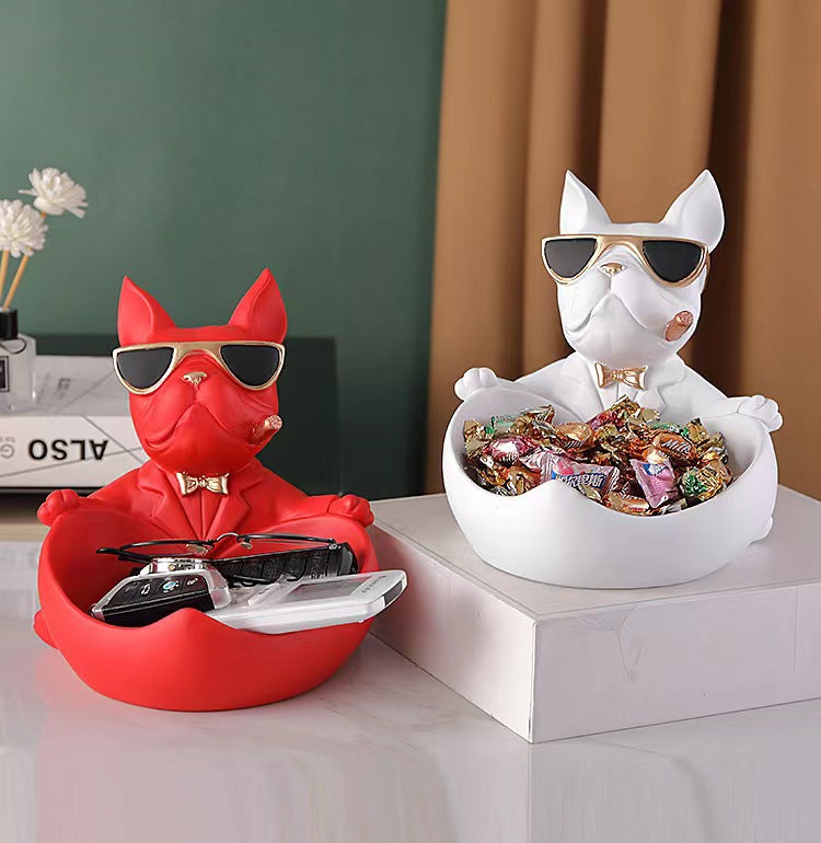 French Bulldog Pushing Wheelbarrow Storage Figurine Resin Statue Key Bowl Candy Dish Entryway Organiser Home Decor Gift Orange