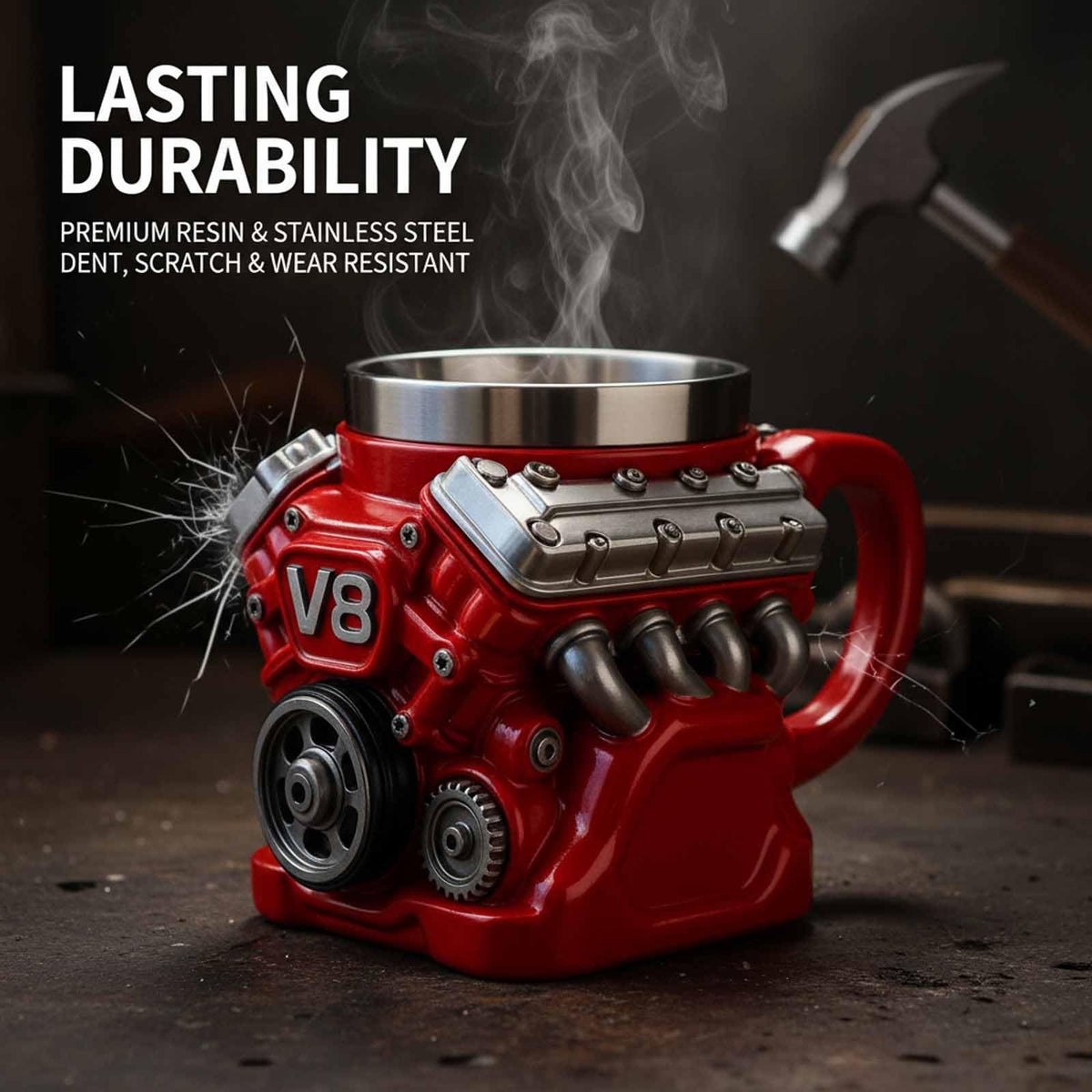 3D V8 Engine Coffee Mug Stainless Steel Liner Resin Novelty Cup 300ml Double Wall Insulated Gift for Car Enthusiasts Mechanics Red
