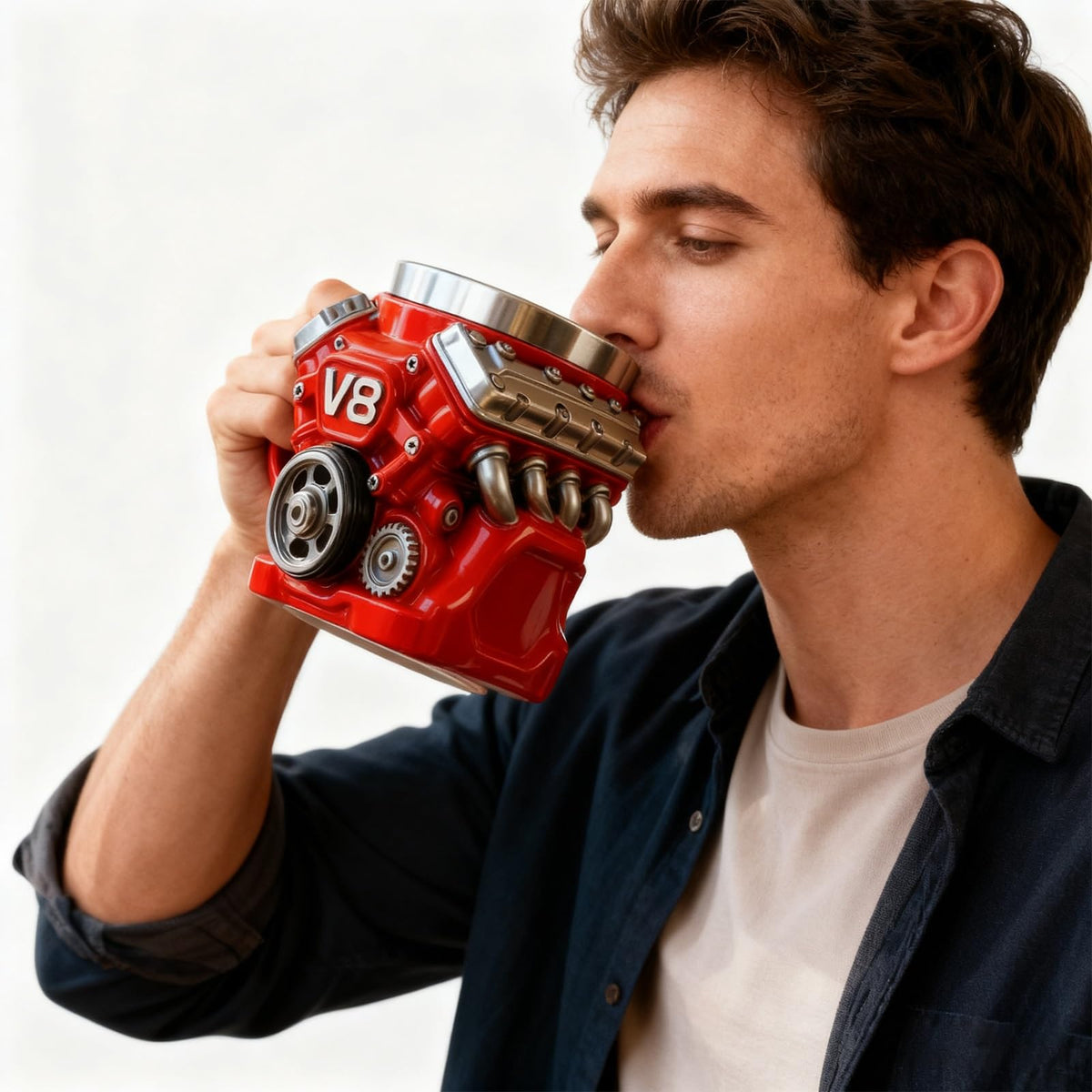 3D V8 Engine Coffee Mug Stainless Steel Liner Resin Novelty Cup 300ml Double Wall Insulated Gift for Car Enthusiasts Mechanics Red