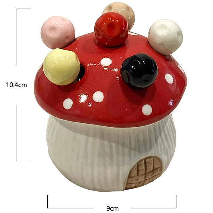 Red Cute Cartoon Mushroom Mirror Polished Cutlery Jar with 6-Piece Stainless Steel Fruit Fork Set - Dessert Picks/Appetizer Forks