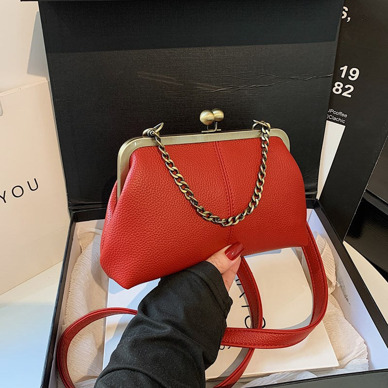 Red Retro Women's Shell Handbag - European Style Clip Lock Closure PU Clutch/Shoulder Bag with Chain Strap