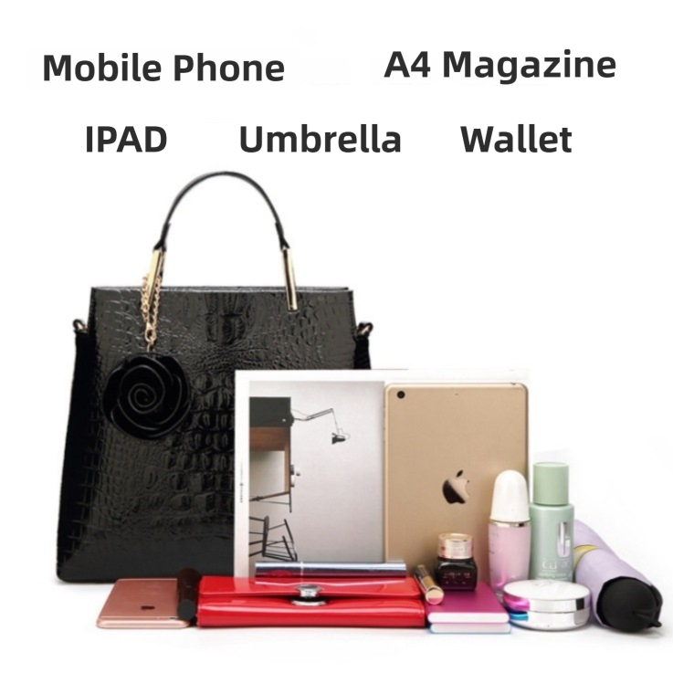 Dark Blue Patent PU Leather Crocodile Embossed Shell Bag(30 x 11 x 26 CM) with Floral Pendant