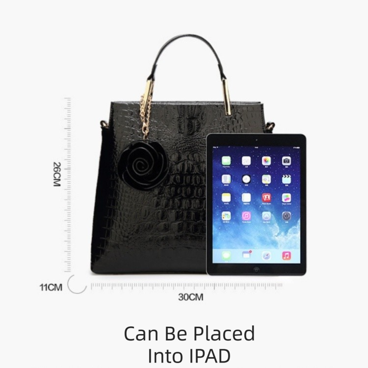 Dark Blue Patent PU Leather Crocodile Embossed Shell Bag(30 x 11 x 26 CM) with Floral Pendant