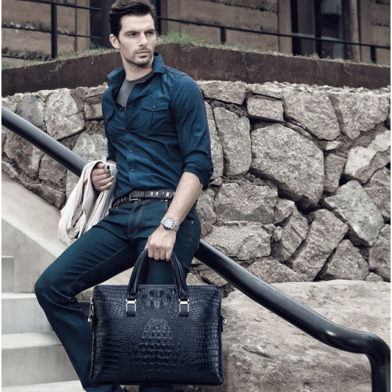 Blue Men's Luxury Crocodile Embossed PU Leather Briefcase(39 x 8 x 28 CM) With FREE Crocodile Wallet - Dual-Zip Business Shoulder/Crossbody Laptop Bag (Fits 14-inch)