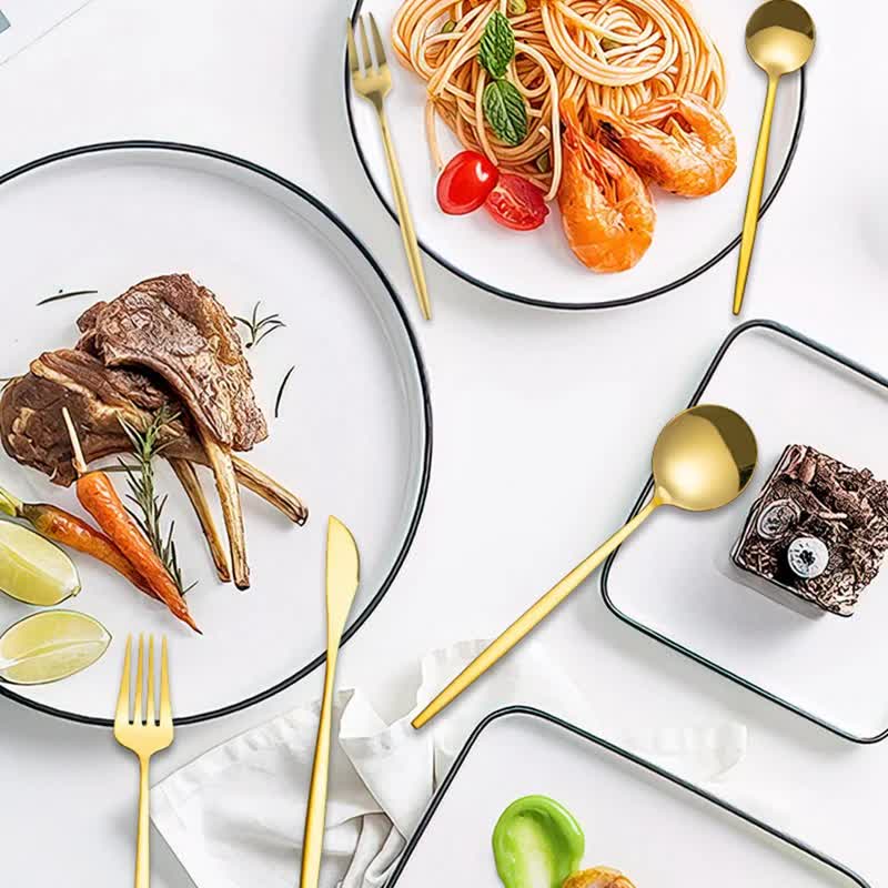 30-Piece Rose Gold Portuguese Style Cutlery Set - Mirror Polished 410 Stainless Steel Dinnerware for 6 (Steak Knives Included)