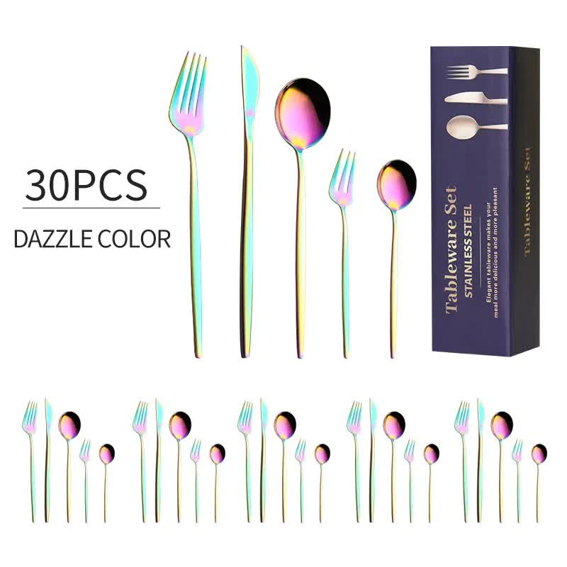 30-Piece Dazzle Color Portuguese Style Cutlery Set - Mirror Polished 410 Stainless Steel Dinnerware for 6 (Steak Knives Included)