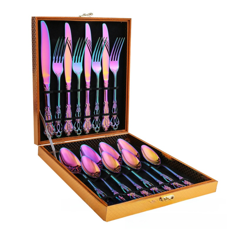 4Set / 16PCS Dazzle Color Royal Court Cutlery Set - Vintage Hollow Engraved 410 Stainless Steel Dinnerware with Gift Box