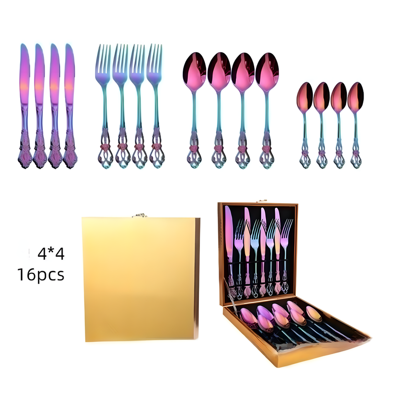 4Set / 16PCS Dazzle Color Royal Court Cutlery Set - Vintage Hollow Engraved 410 Stainless Steel Dinnerware with Gift Box