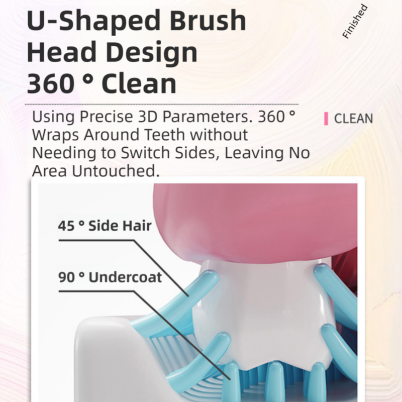 Pink Elephant 360° U-Shaped Electric Toothbrush Set for Teens/Adults 15 and Up Years Old - Silicone Soft Bristle Oral Cleaner with 6 Modes & 3 Large Brush Heads