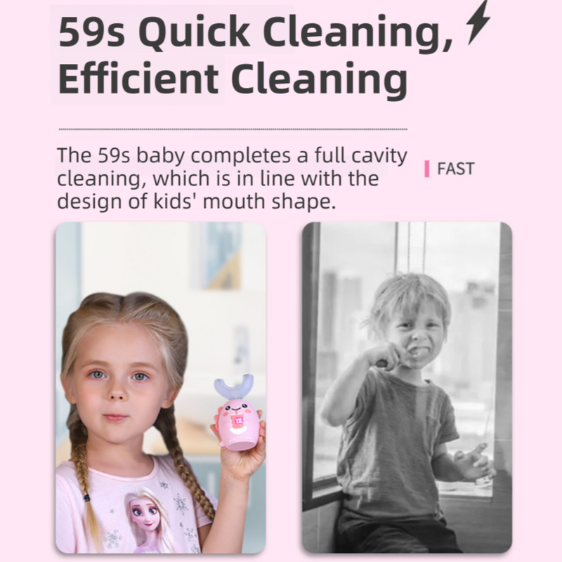 Pink Elephant 360° U-Shaped Electric Toothbrush Set for Teens/Adults 15 and Up Years Old - Silicone Soft Bristle Oral Cleaner with 6 Modes & 3 Large Brush Heads