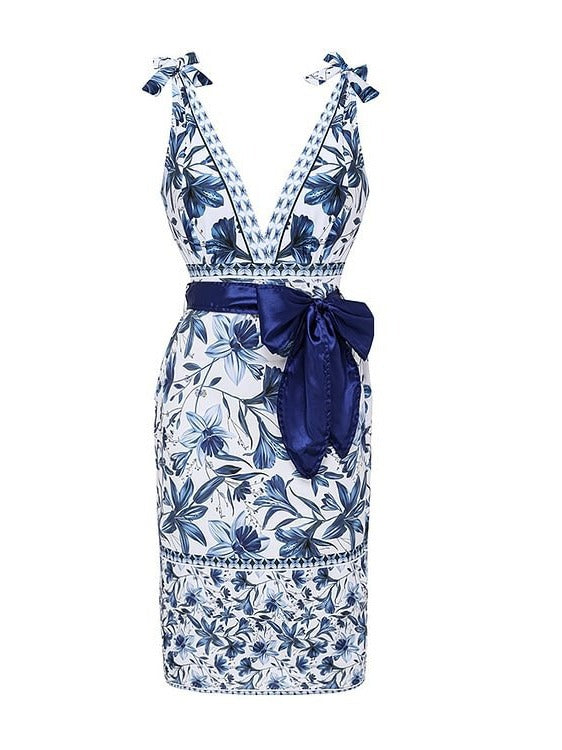 XXL Size Blue Print Women's Sexy One-Piece Swimsuit Set With Matching Wrap Skirt  - European/American Style Bikini with Built-in Pads