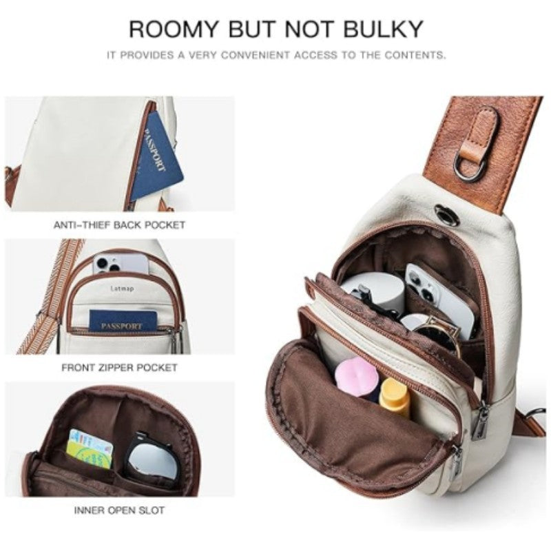 White Women's 3-Layer Zipped PU Chest Bag with Reversable Strap - Roomy But Not Nulky Single Shoulder Crossbody Bag