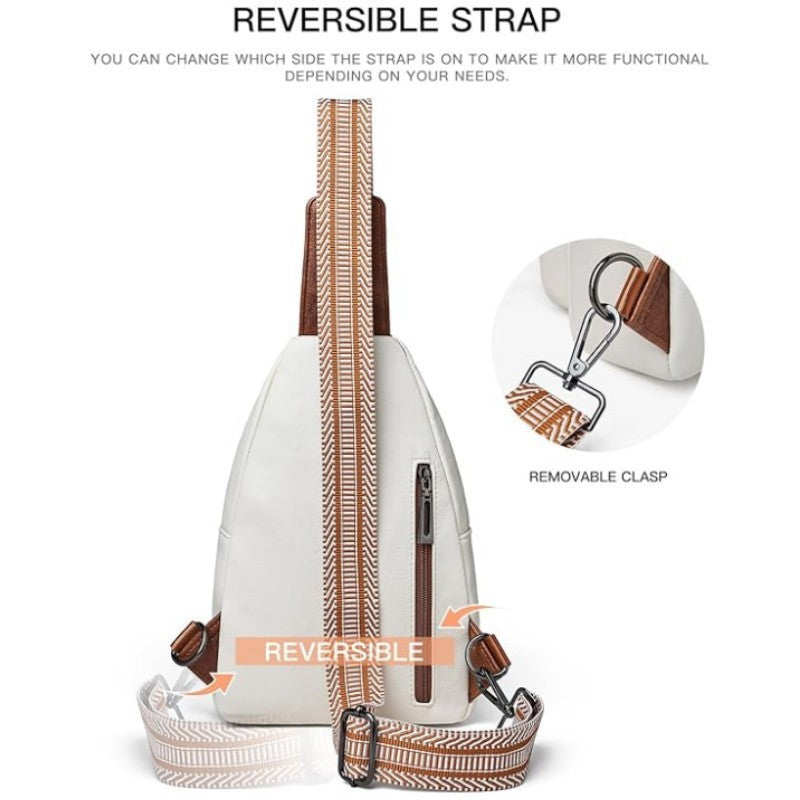 White Women's 3-Layer Zipped PU Chest Bag with Reversable Strap - Roomy But Not Nulky Single Shoulder Crossbody Bag