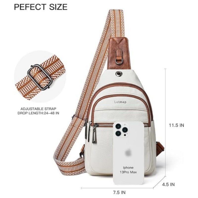 White Women's 3-Layer Zipped PU Chest Bag with Reversable Strap - Roomy But Not Nulky Single Shoulder Crossbody Bag