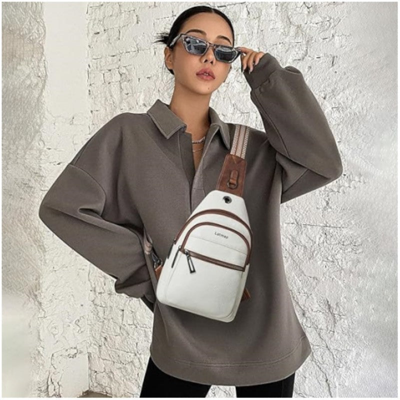 White Women's 3-Layer Zipped PU Chest Bag with Reversable Strap - Roomy But Not Nulky Single Shoulder Crossbody Bag