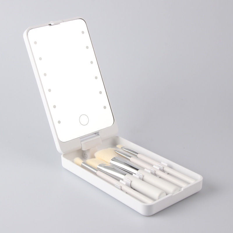 White Portable LED Makeup Mirror with Lights & Brushes (9x2.5x16CM) - Mini Foldable Desktop Vanity Mirror with Dual Color Temperature