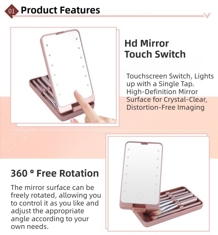 White Portable LED Makeup Mirror with Lights & Brushes (9x2.5x16CM) - Mini Foldable Desktop Vanity Mirror with Dual Color Temperature