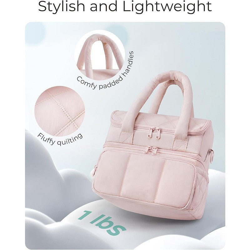 Pink Double-Layer Insulated Quilted Puffer Lunch Bag(10 x 7 x 10 inch) - Large Capacity Picnic Cooler Tote, Long-Lasting Hot/Cold Retention