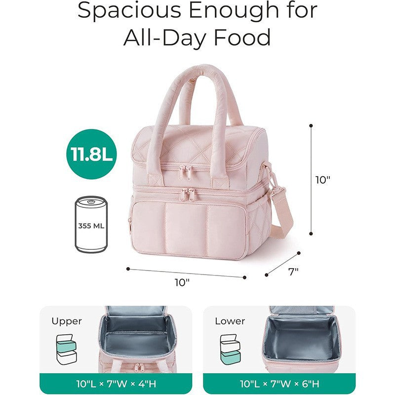 Beige Double-Layer Insulated Quilted Puffer Lunch Bag(10 x 7 x 10 inch) - Large Capacity Picnic Cooler Tote, Long-Lasting Hot/Cold Retention