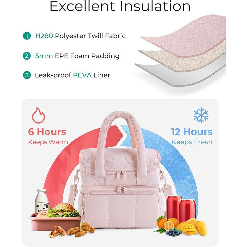 Beige Double-Layer Insulated Quilted Puffer Lunch Bag(10 x 7 x 10 inch) - Large Capacity Picnic Cooler Tote, Long-Lasting Hot/Cold Retention